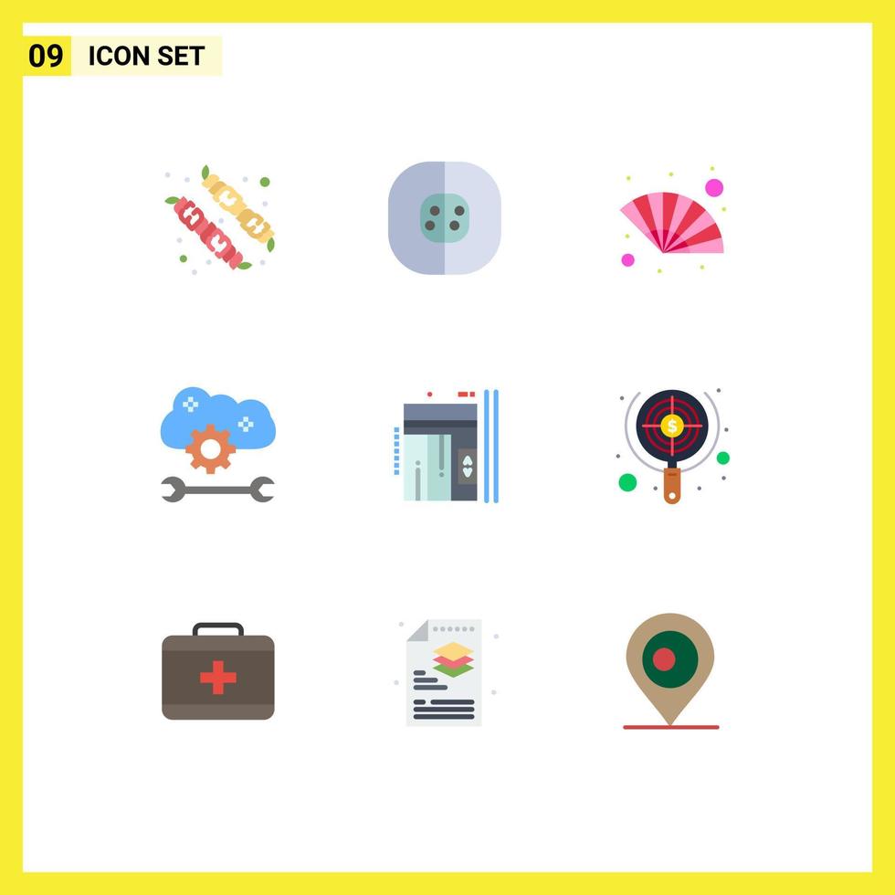 Mobile Interface Flat Color Set of 9 Pictograms of elevator cloud settings fan cloud service configure cloud application service Editable Vector Design Elements