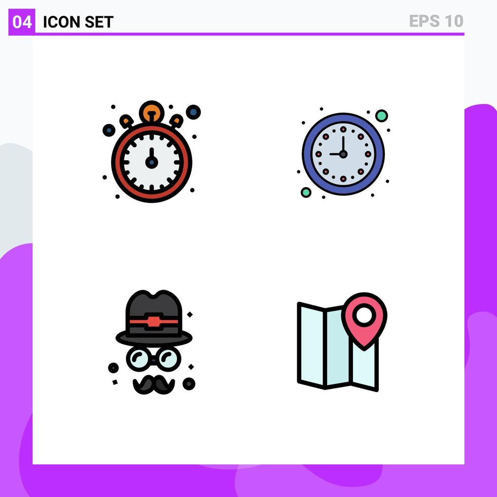 Group of 4 Filledline Flat Colors Signs and Symbols for pocket watch brim watch time fathers Editable Vector Design Elements