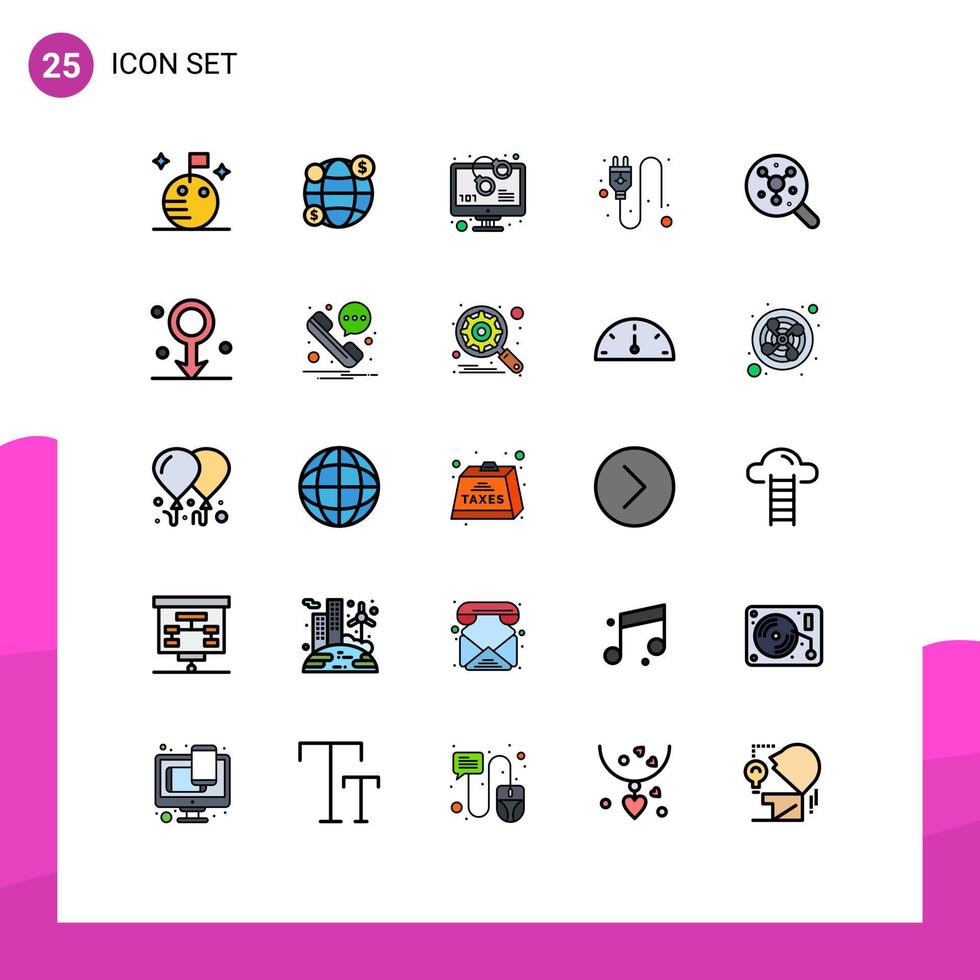 25 Thematic Vector Filled line Flat Colors and Editable Symbols of science atom unlock search plug Editable Vector Design Elements