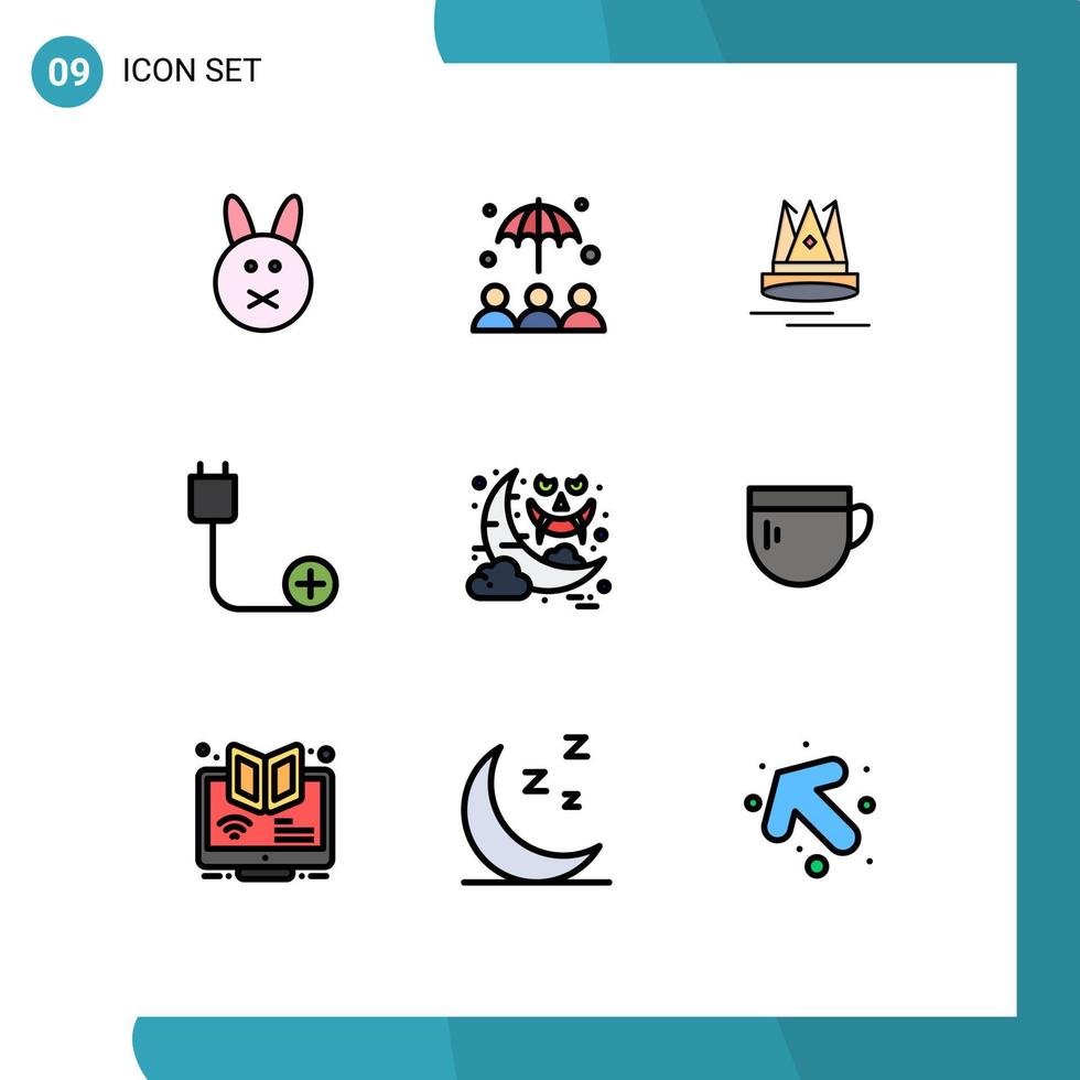Set of 9 Modern UI Icons Symbols Signs for night halloween education hardware cord Editable Vector Design Elements