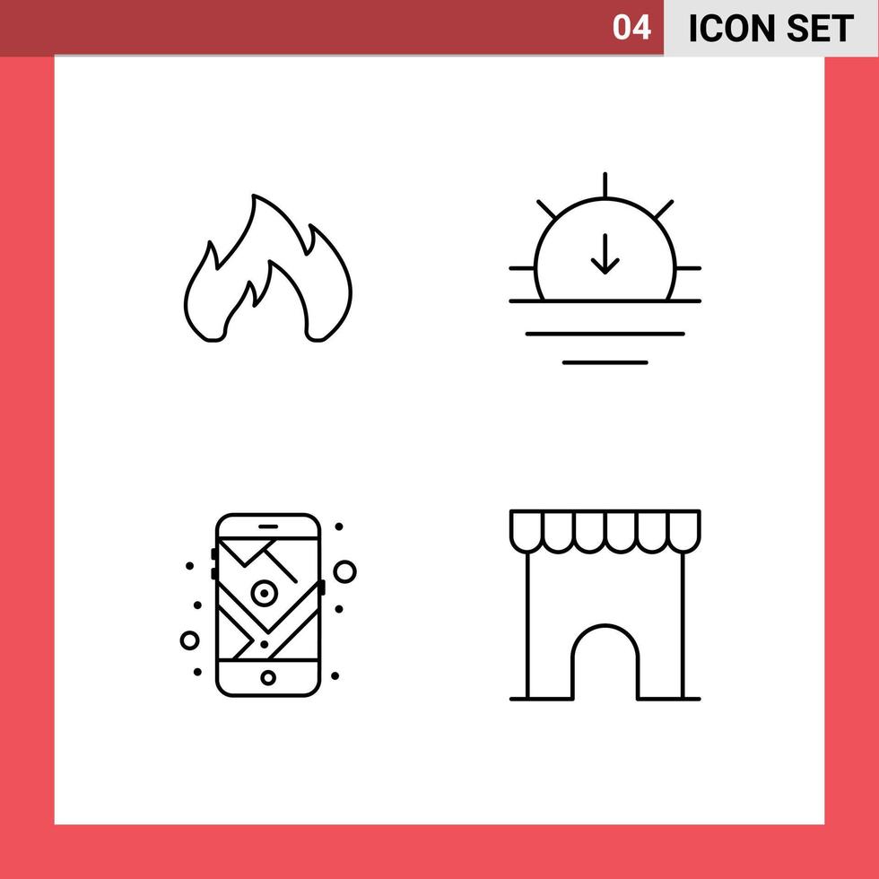 Line Pack of 4 Universal Symbols of fire mobile spark sunset route Editable Vector Design Elements