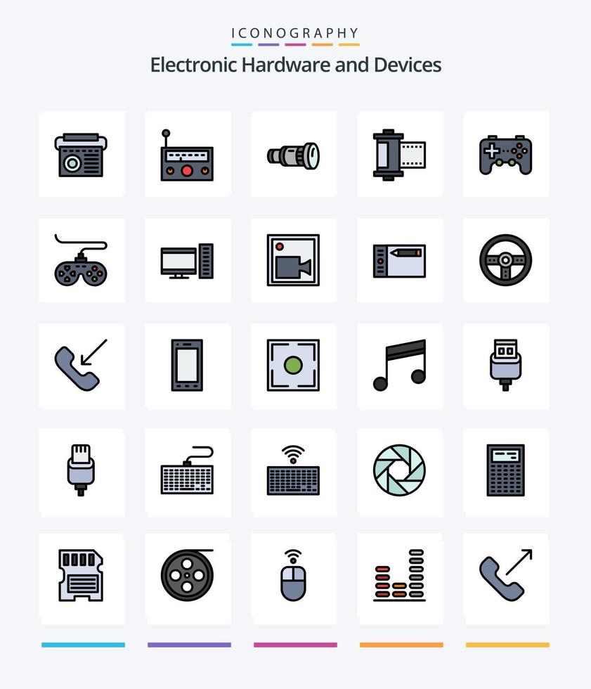 Creative Devices 25 Line FIlled icon pack  Such As computer. game. media. device. roll vector