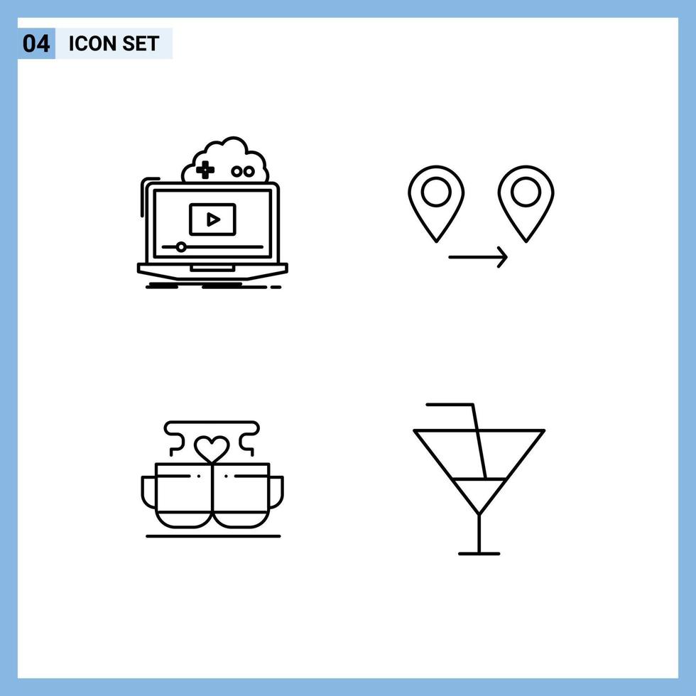 Modern Set of 4 Filledline Flat Colors and symbols such as cloud coffee streaming location heart Editable Vector Design Elements