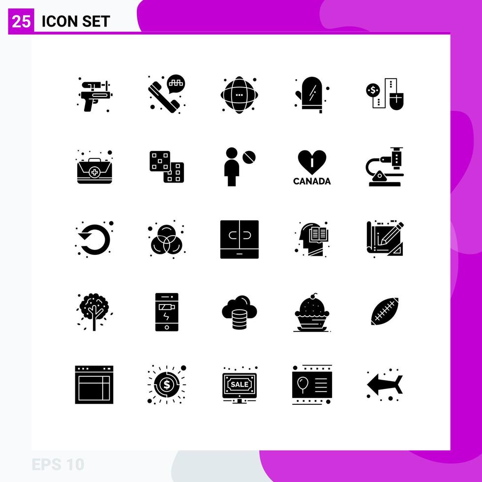 Set of 25 Commercial Solid Glyphs pack for connect kitchen database glove cooking Editable Vector Design Elements