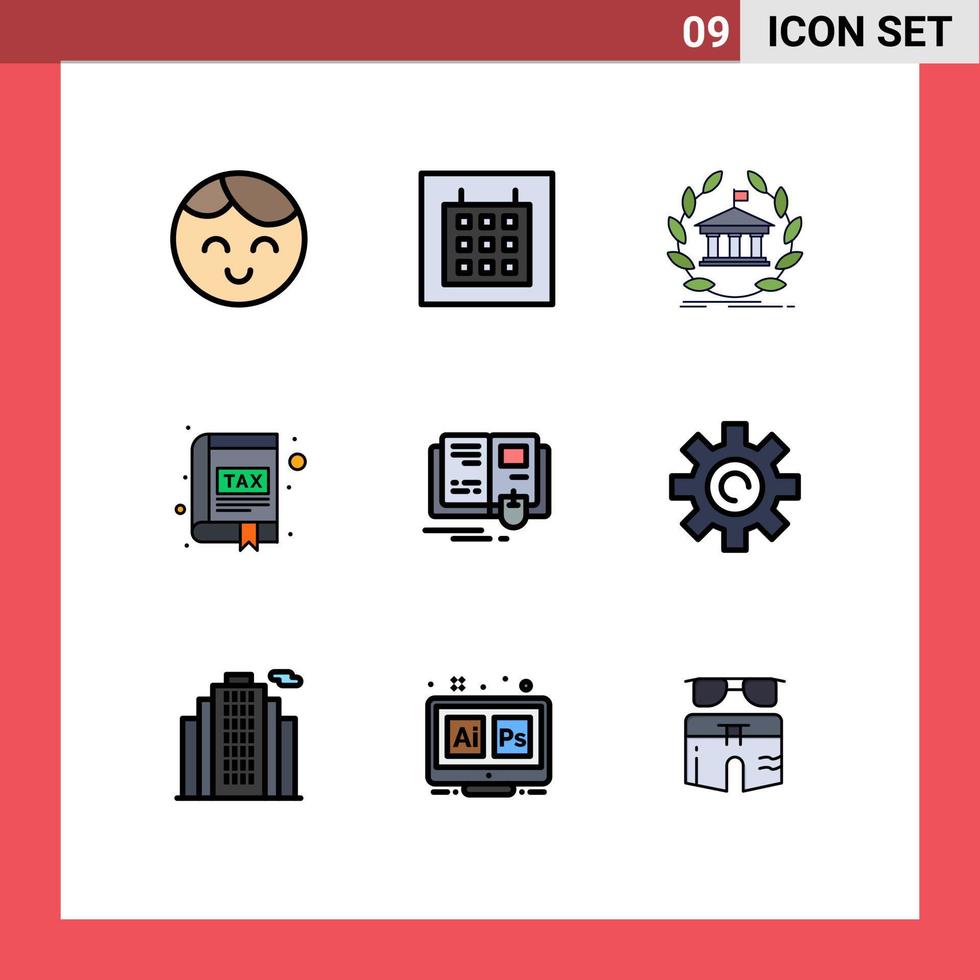 Set of 9 Vector Filledline Flat Colors on Grid for book interface online book app Editable Vector Design Elements