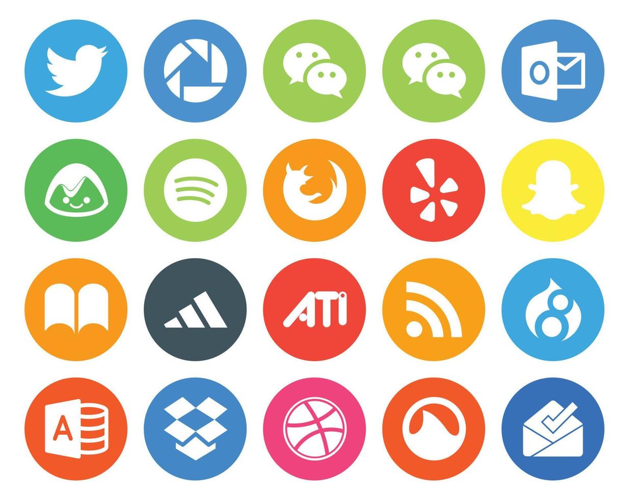 Paquete de 20 íconos de redes sociales que incluye microsoft access rss firefox ati ibooks vector