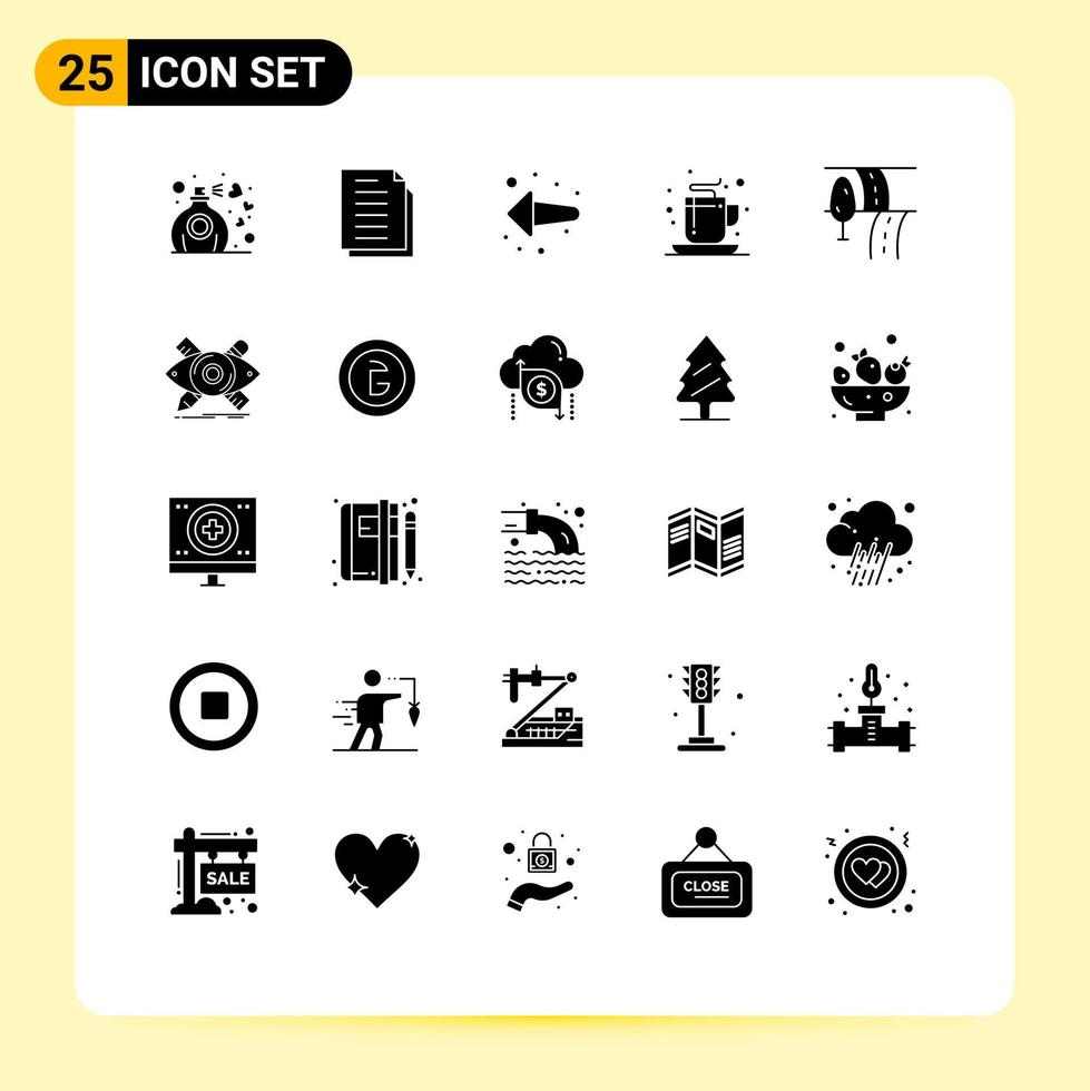 Editable Vector Line Pack of 25 Simple Solid Glyphs of route tea paper office coffee Editable Vector Design Elements