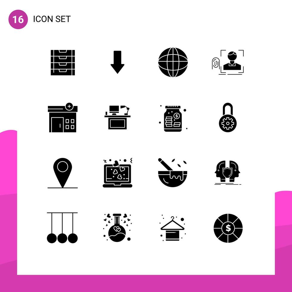 Universal Icon Symbols Group of 16 Modern Solid Glyphs of hospital scanning world scan fingerprint Editable Vector Design Elements