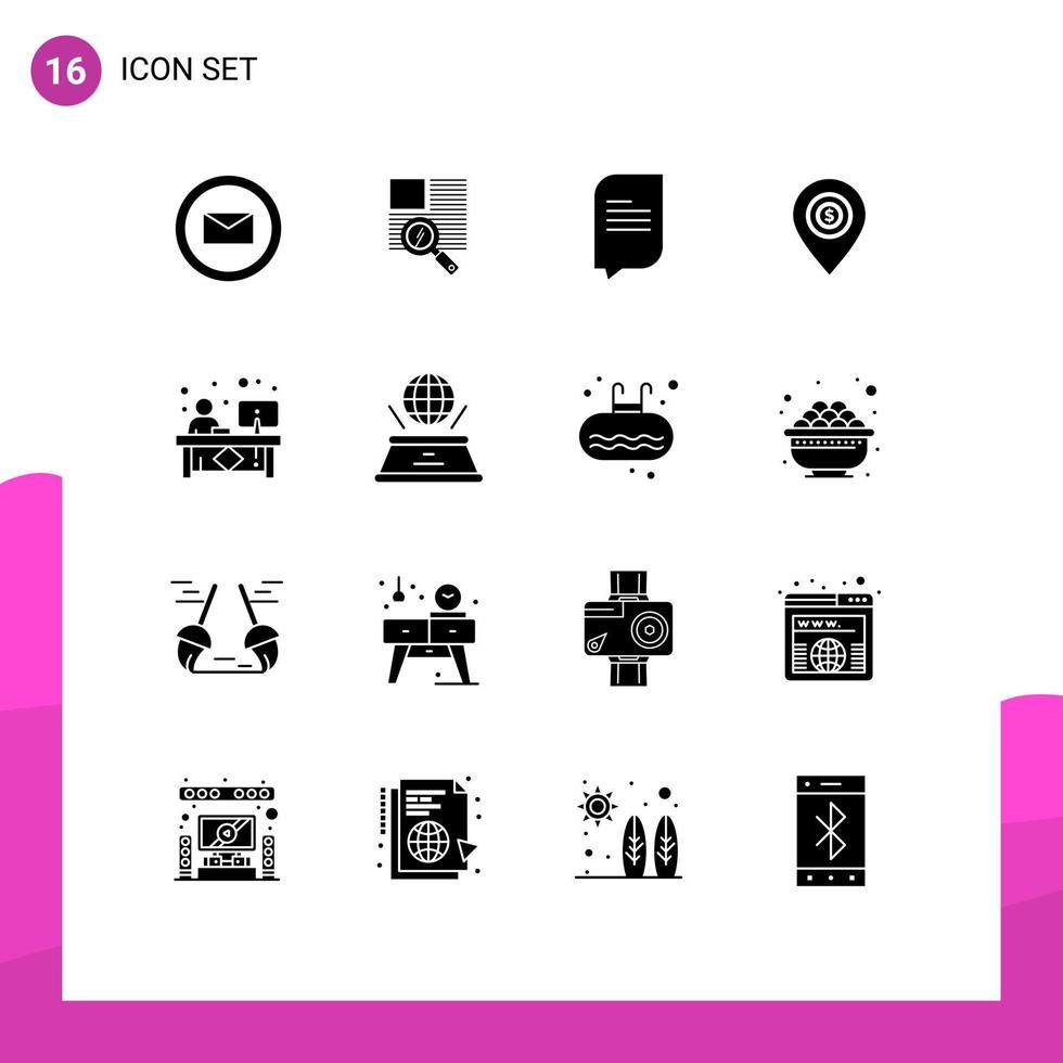 Set of 16 Commercial Solid Glyphs pack for desk clerk conversation money pin Editable Vector Design Elements