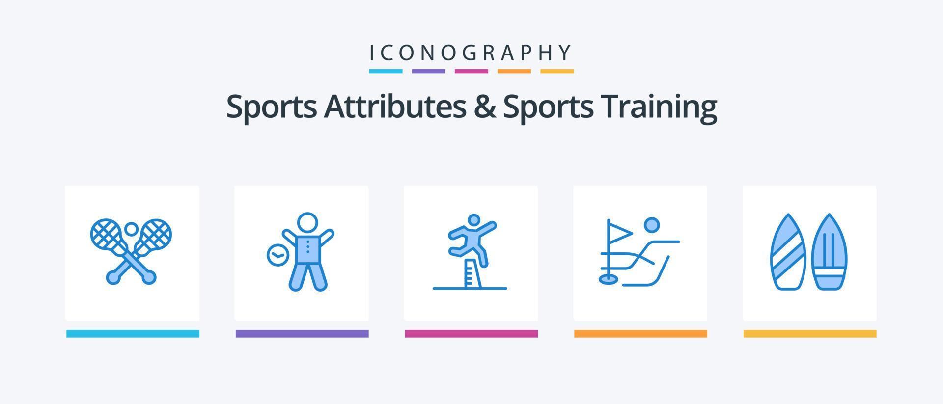 Atributos deportivos y paquete de íconos azules de entrenamiento deportivo 5 que incluye skate. campo. hombre. pelota. correr. diseño de iconos creativos vector