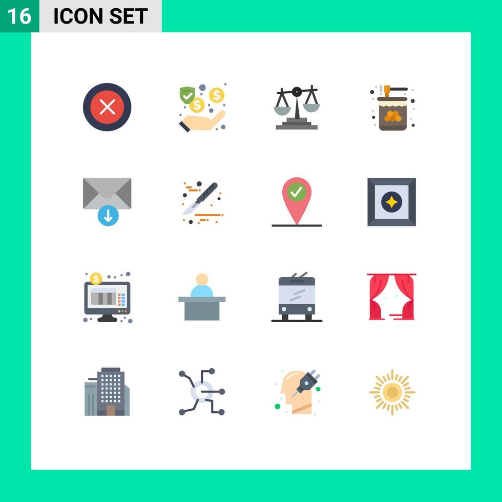 Flat Color Pack of 16 Universal Symbols of mail jar balance honey bee Editable Pack of Creative Vector Design Elements