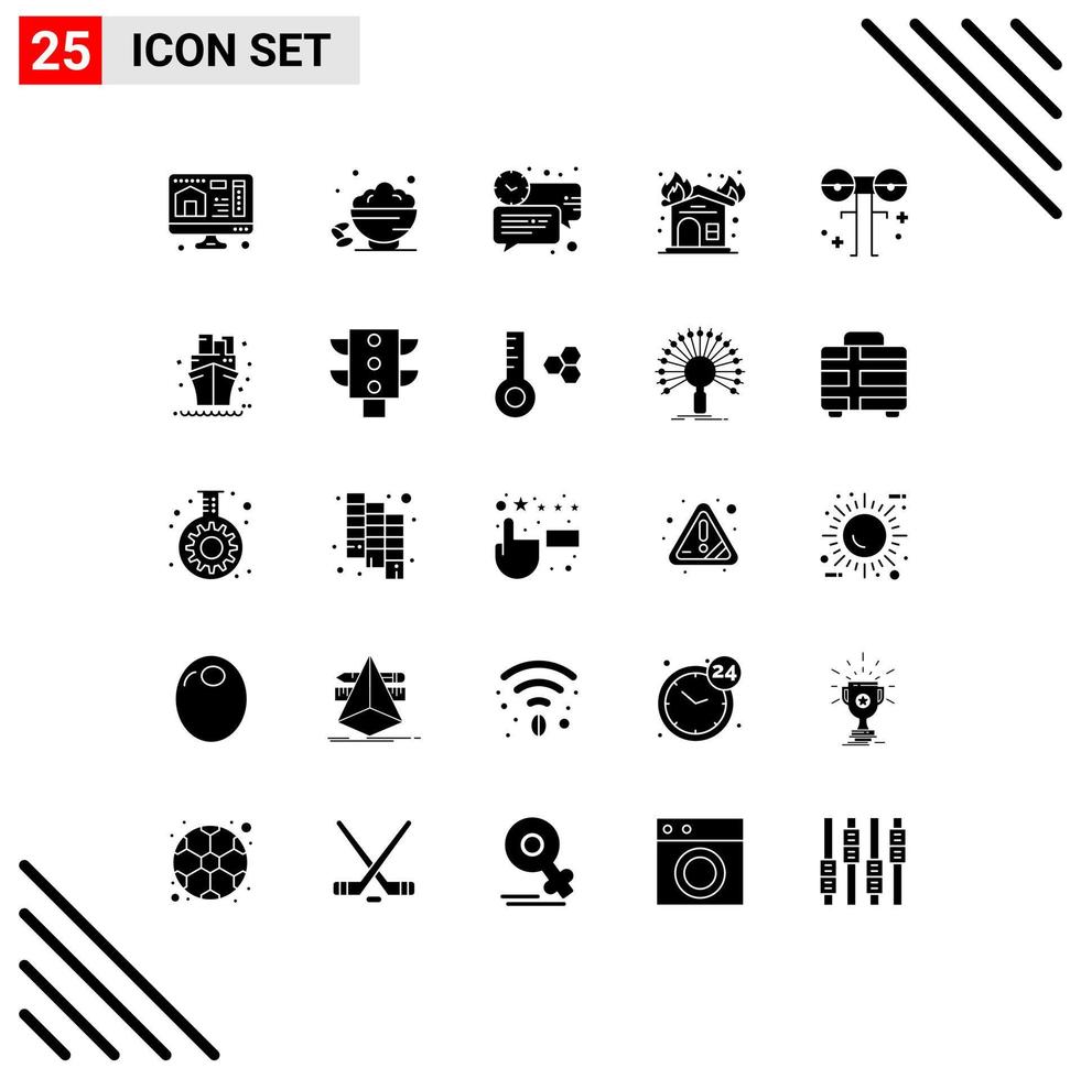 Solid Glyph Pack of 25 Universal Symbols of big interior bubble fireplace time Editable Vector Design Elements