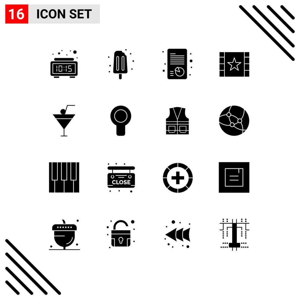 Group of 16 Solid Glyphs Signs and Symbols for food and restaurant star growth stream multimedia Editable Vector Design Elements