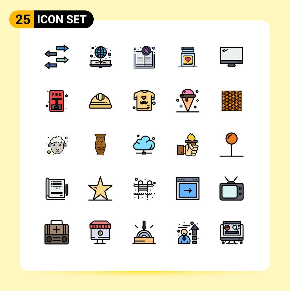 Universal Icon Symbols Group of 25 Modern Filled line Flat Colors of monitor wedding book heart medicine Editable Vector Design Elements