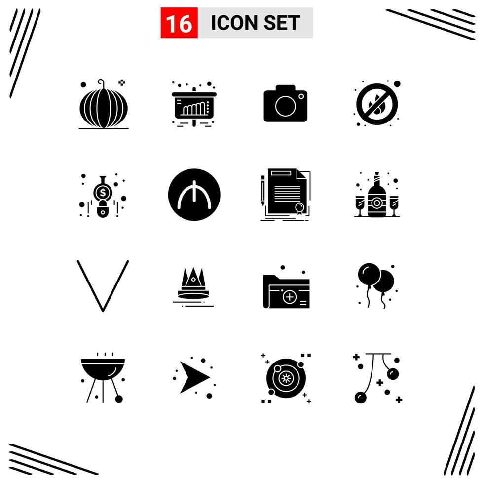 16 Universal Solid Glyphs Set for Web and Mobile Applications calculate place sales no camera Editable Vector Design Elements