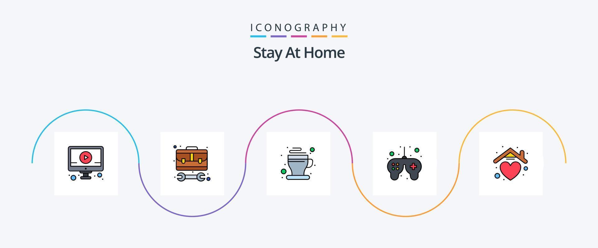 Stay At Home Line Filled Flat 5 Icon Pack Including time. game. work. free. of vector
