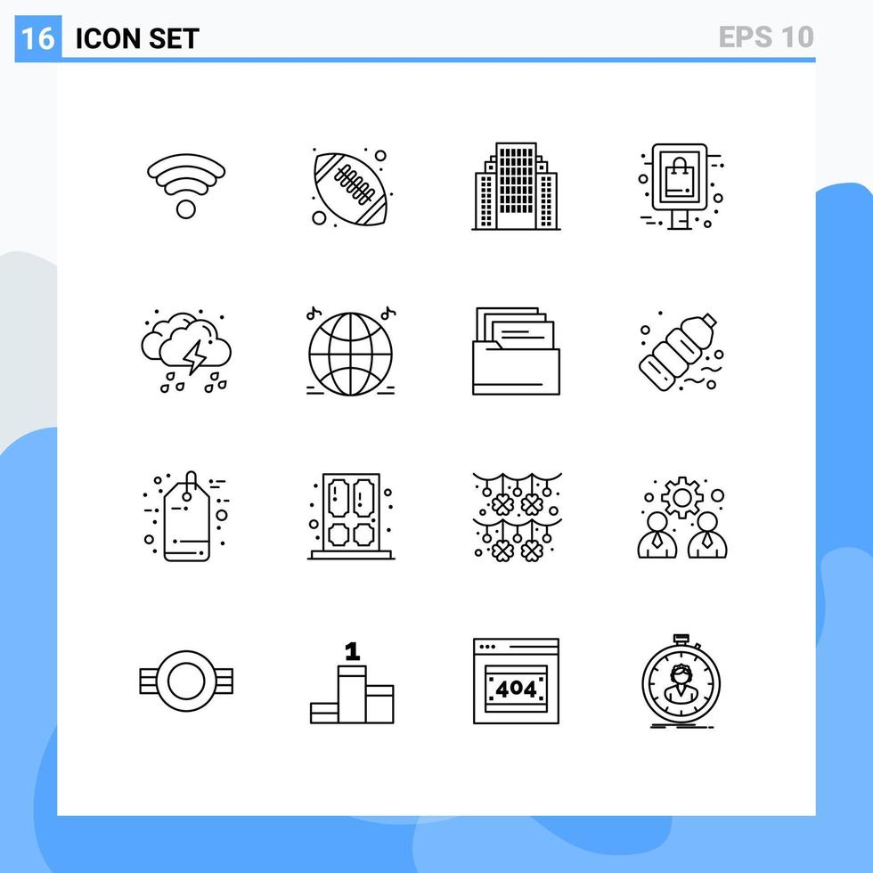 grupo de símbolos de iconos universales de 16 contornos modernos de elementos de diseño de vectores editables de tablero de letrero de apartamento de nube de lluvia