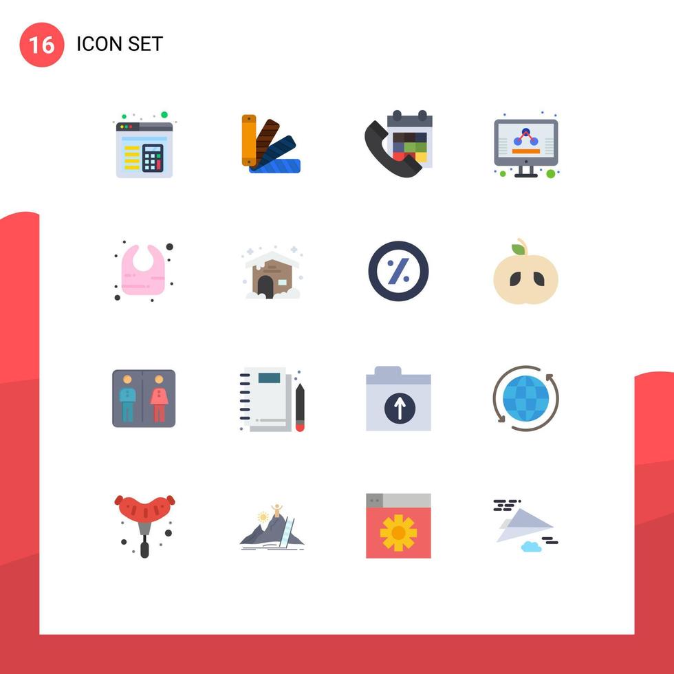 conjunto moderno de 16 colores planos y símbolos, como el calendario de la pantalla bib, el paquete editable de negocios de marketing de elementos creativos de diseño de vectores