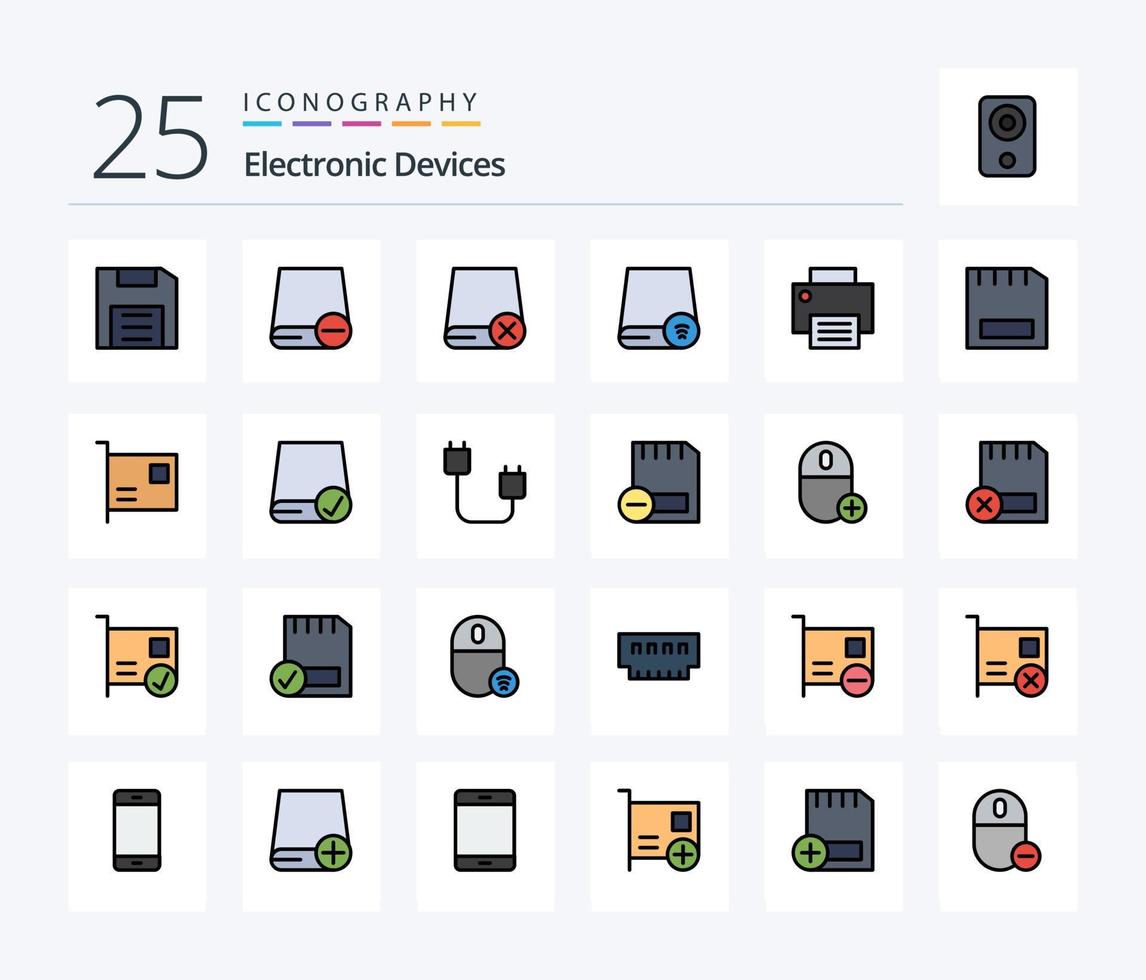 Paquete de iconos llenos de 25 líneas de dispositivos que incluye dispositivos. tarjeta. artilugio. impresora. artilugio vector