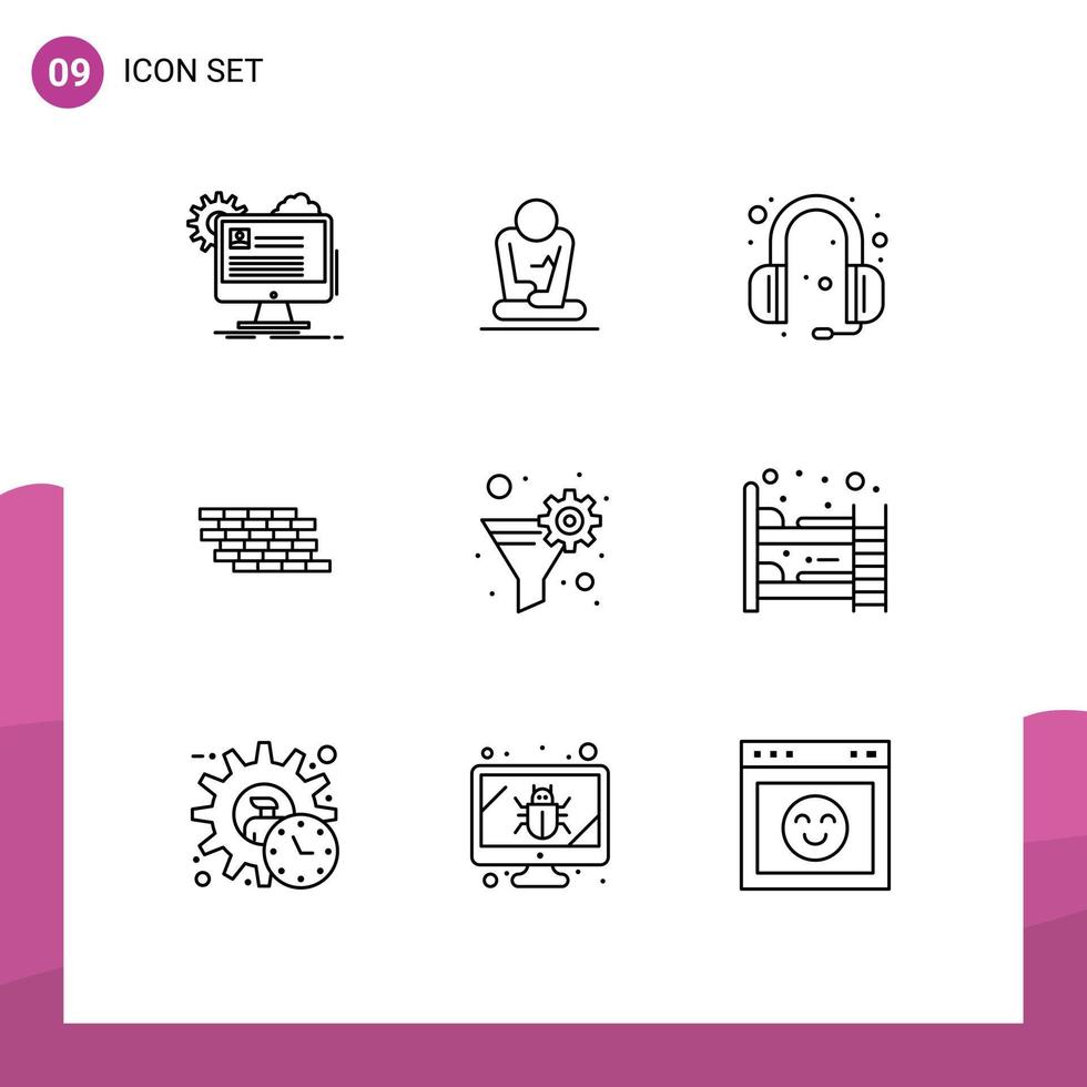 Pack of 9 Modern Outlines Signs and Symbols for Web Print Media such as bricks wall yoga security headphone Editable Vector Design Elements