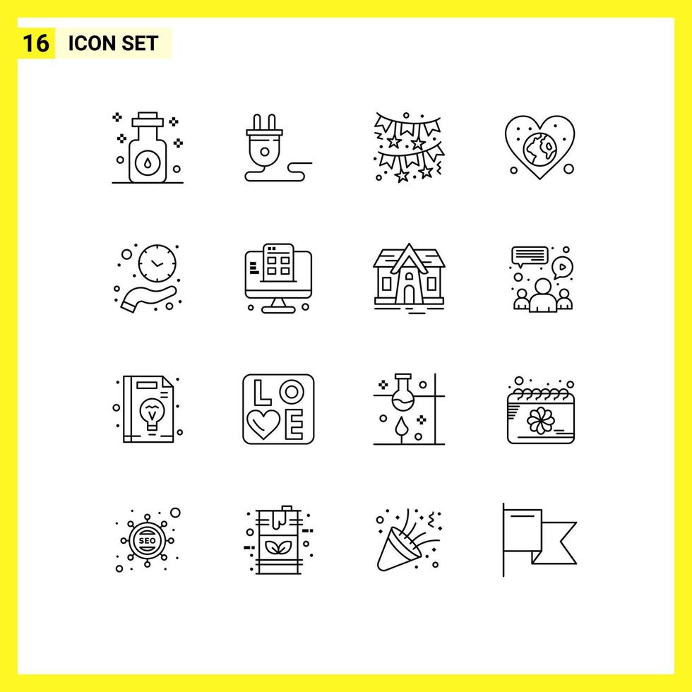 Pictogram Set of 16 Simple Outlines of clock love bow world earth Editable Vector Design Elements