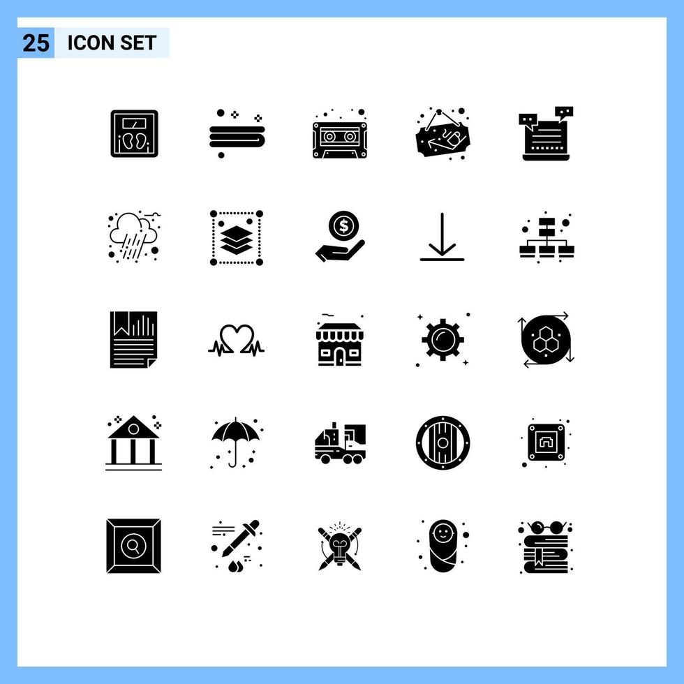 Editable Vector Line Pack of 25 Simple Solid Glyphs of robot ai audio cassette sign board cup Editable Vector Design Elements