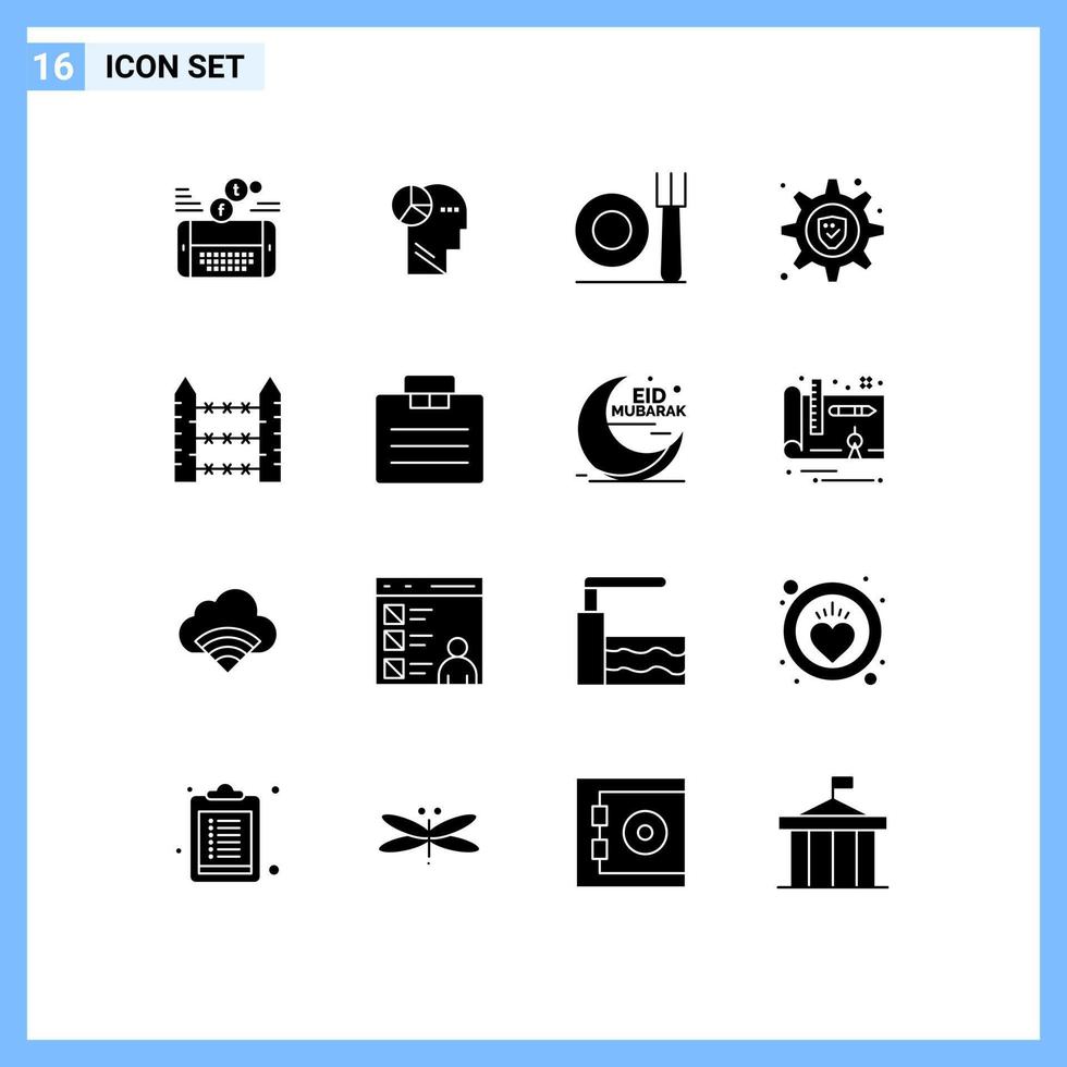 conjunto moderno de 16 pictogramas de glifos sólidos de configuración de pensamiento de púas de seguridad elementos de diseño vectorial editables de bloqueo vector