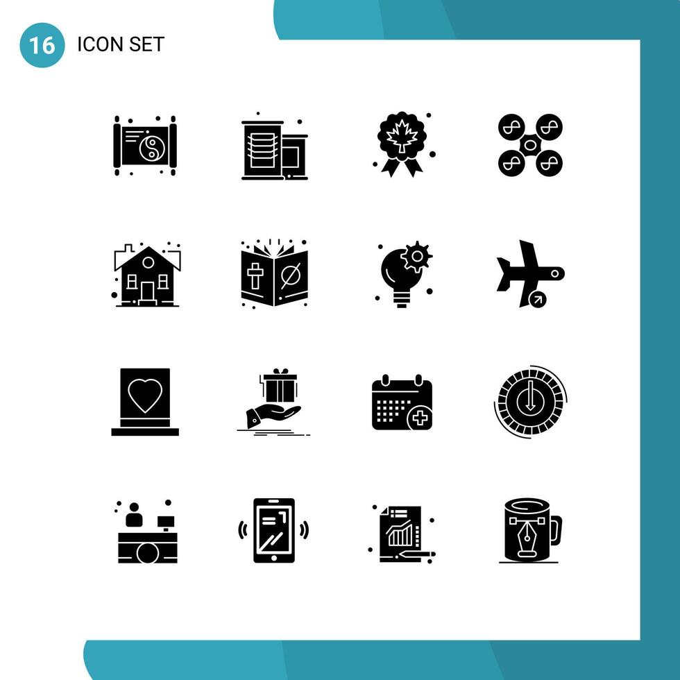 Pack of 16 Modern Solid Glyphs Signs and Symbols for Web Print Media such as house building award technology fly Editable Vector Design Elements