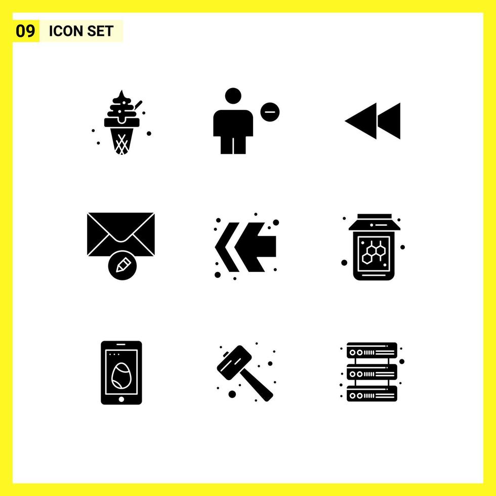 Mobile Interface Solid Glyph Set of 9 Pictograms of fast forward write minus message rewind Editable Vector Design Elements