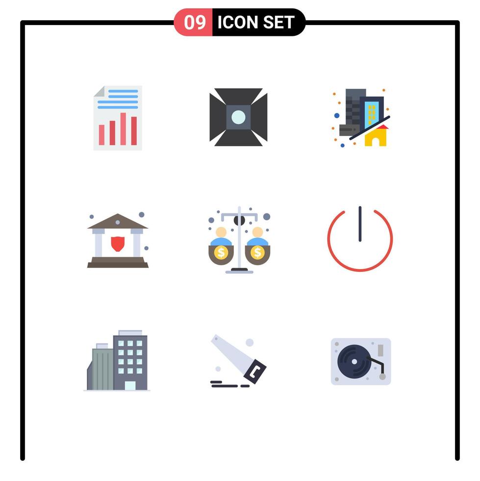 paquete de 9 signos y símbolos de colores planos modernos para medios de impresión web, como seguros de tiro de seguridad presupuestaria, elementos de diseño de vectores editables reales