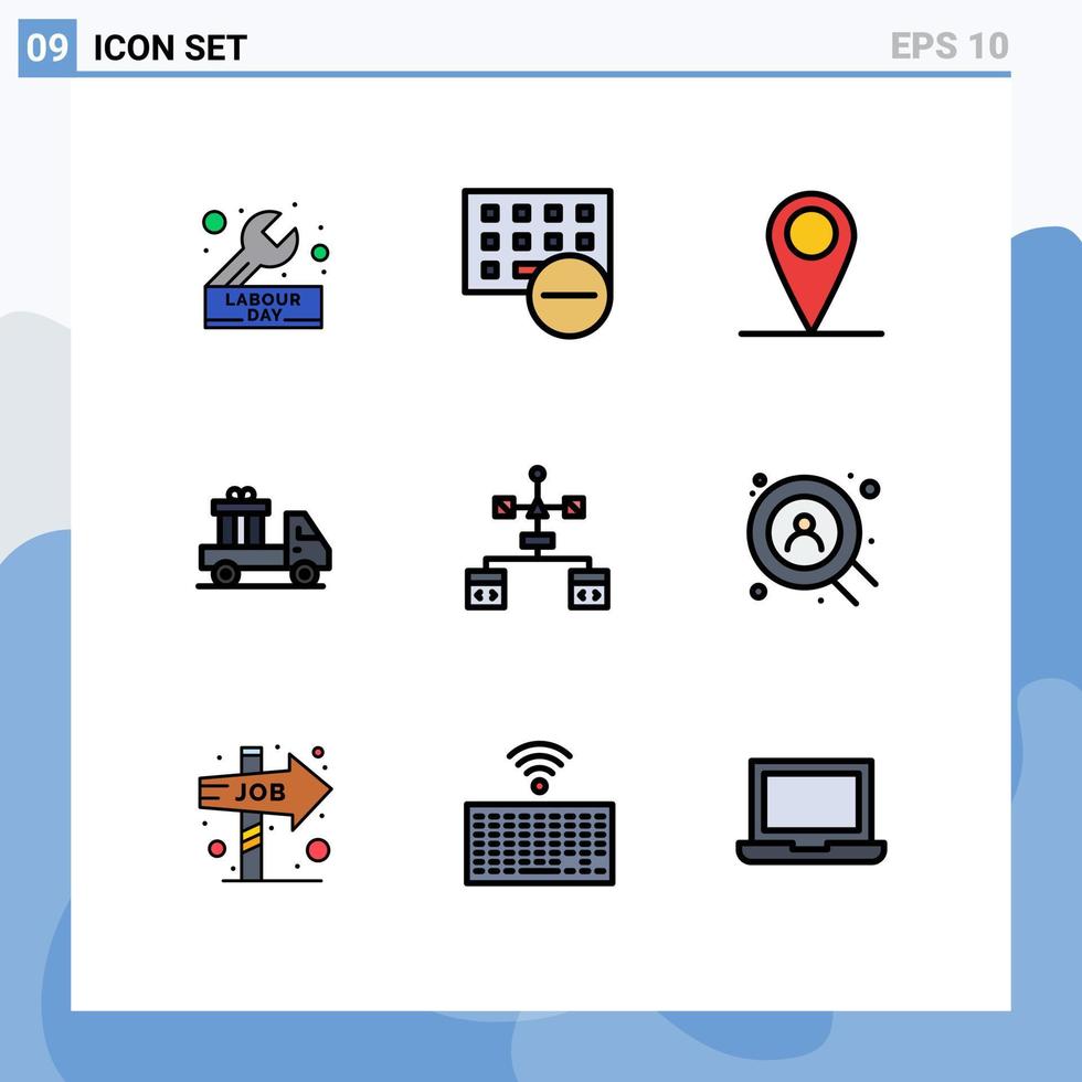 Filledline Flat Color Pack of 9 Universal Symbols of truck ecommerce hardware delivery pin Editable Vector Design Elements