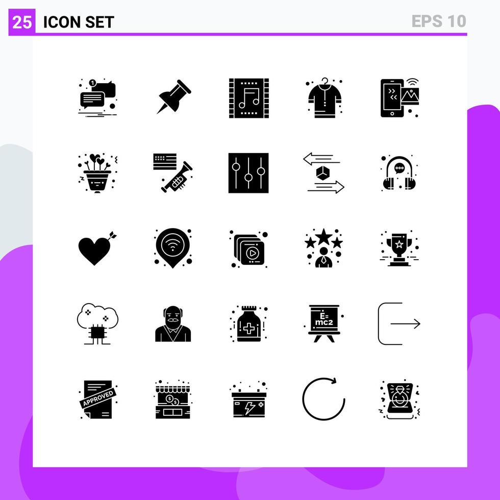 25 User Interface Solid Glyph Pack of modern Signs and Symbols of iot internet music image cloth Editable Vector Design Elements