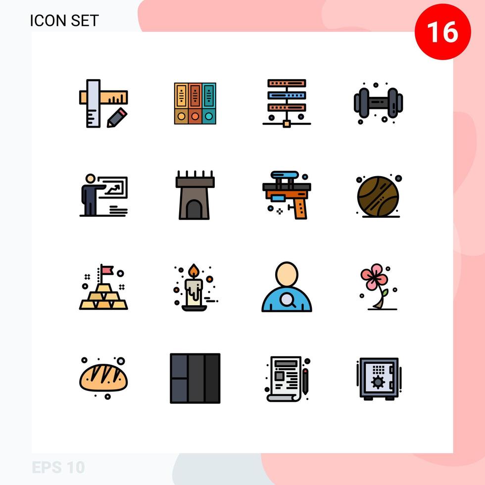 paquete de 16 signos y símbolos modernos de líneas rellenas de color plano para medios de impresión web, como carpetas de dumbell de solución, elementos de diseño de vectores creativos editables de servidor dum