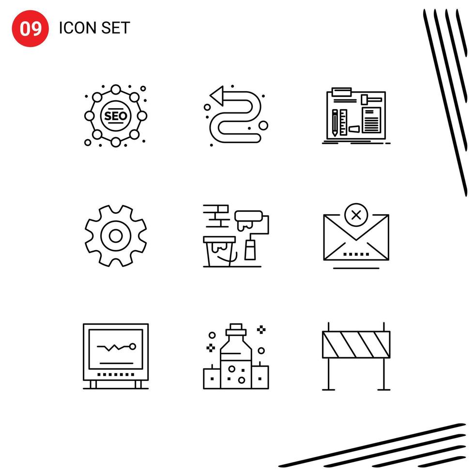 Group of 9 Outlines Signs and Symbols for roller wheel construct setting cogs Editable Vector Design Elements