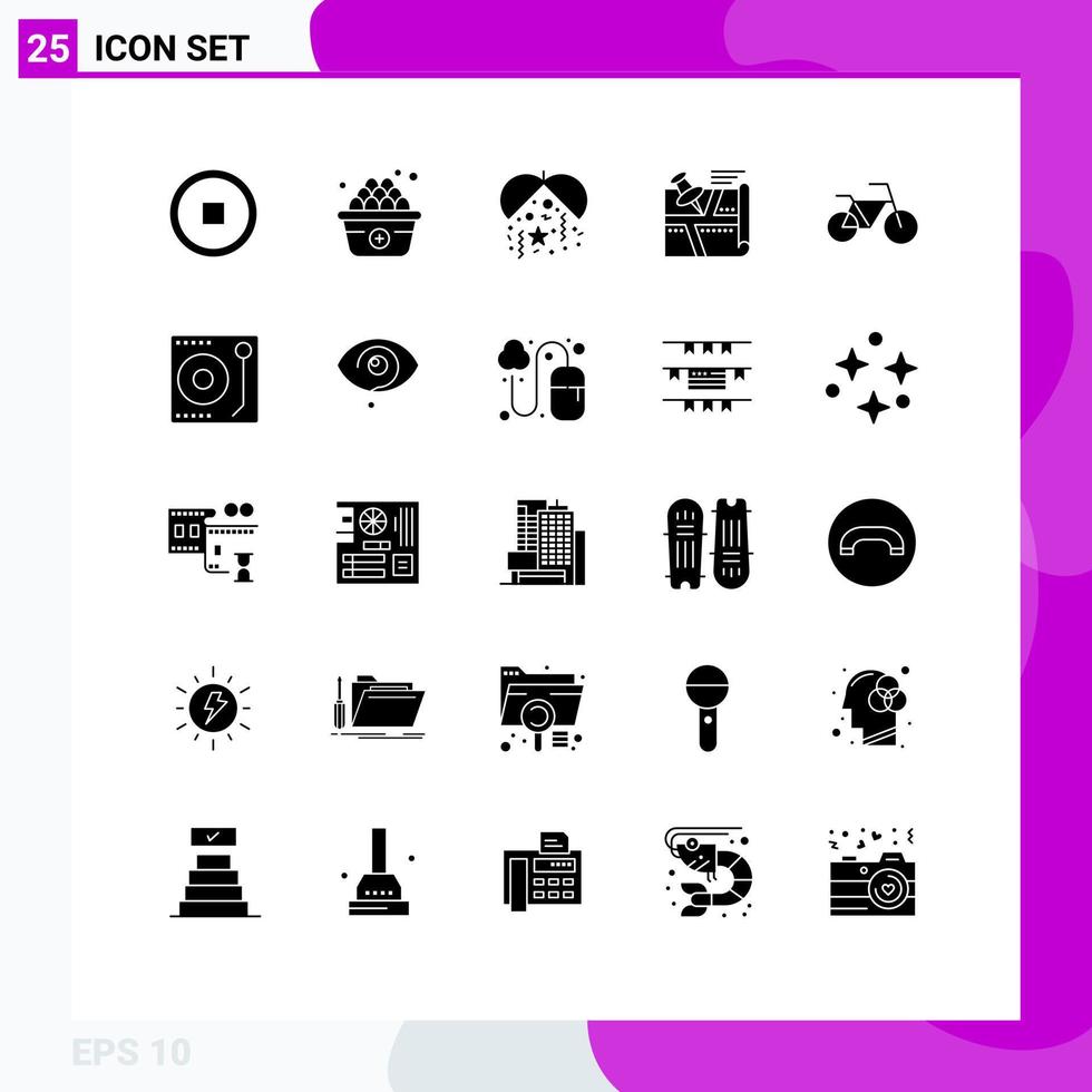 25 Solid Glyph concept for Websites Mobile and Apps media vehicles party bicycle pin Editable Vector Design Elements