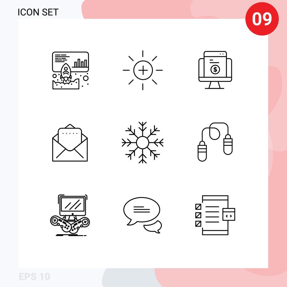 Pack of 9 Modern Outlines Signs and Symbols for Web Print Media such as snow cold payment mail website Editable Vector Design Elements