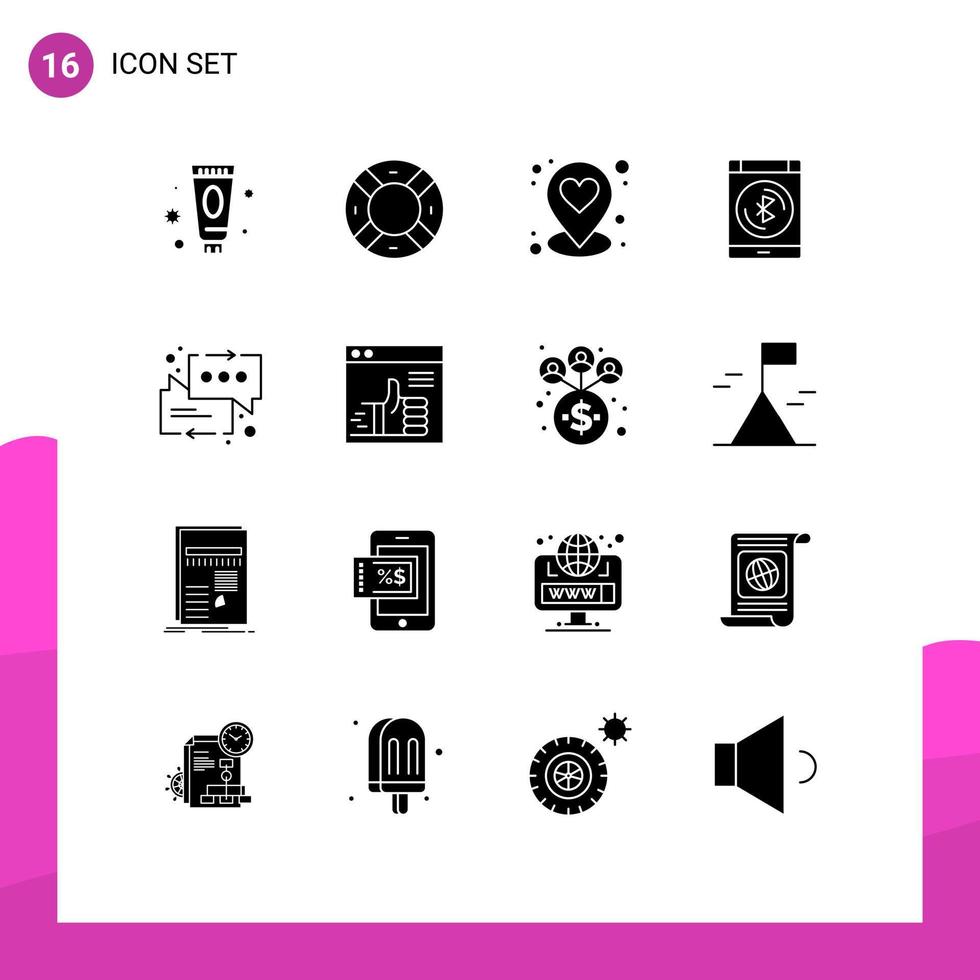 Modern Set of 16 Solid Glyphs and symbols such as messages smartphone ui data bluetooth Editable Vector Design Elements
