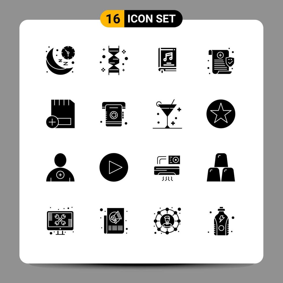 Mobile Interface Solid Glyph Set of 16 Pictograms of privacy medical genetic video multimedia Editable Vector Design Elements