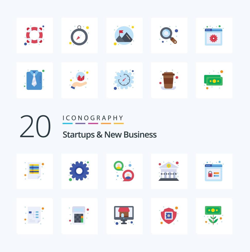 Paquete de iconos de color plano de 20 nuevas empresas y nuevos negocios como creación de cuentas de grupo de enfoque de bloqueo seguro vector