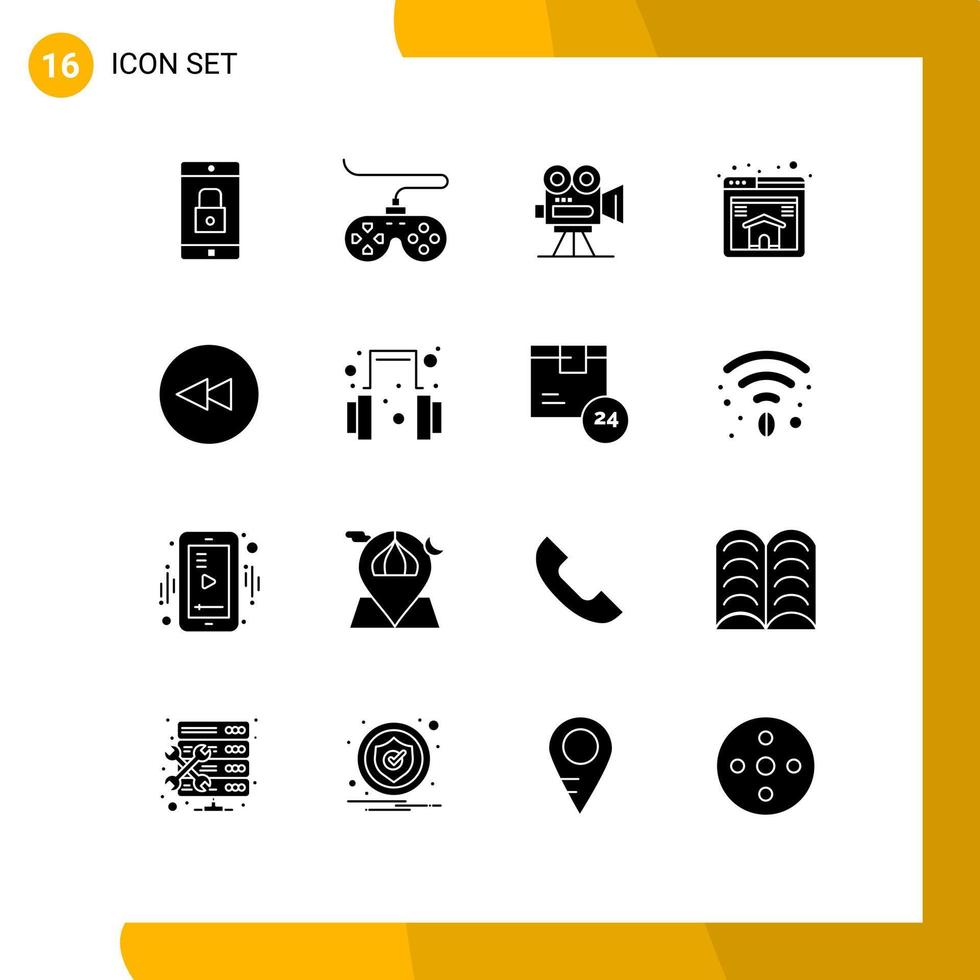 Modern Set of 16 Solid Glyphs Pictograph of backward page joystick home movie Editable Vector Design Elements