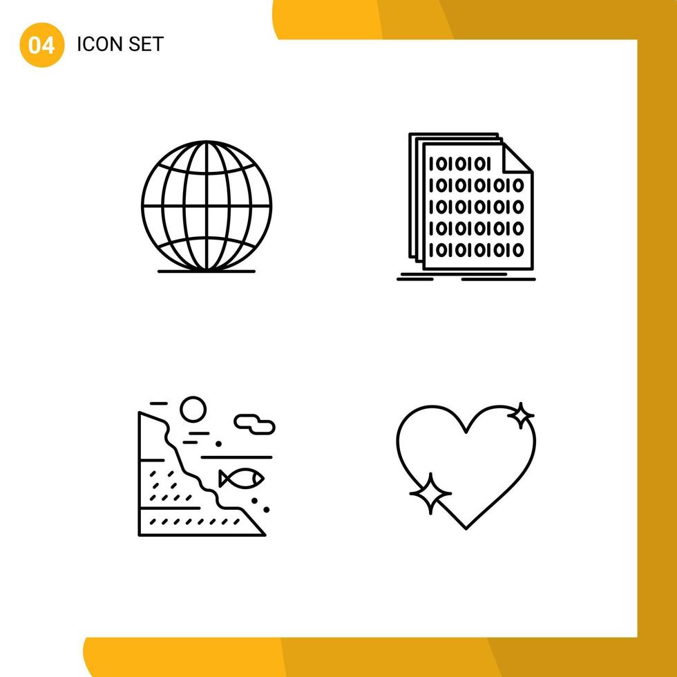 Group of 4 Filledline Flat Colors Signs and Symbols for global water binary data rock Editable Vector Design Elements