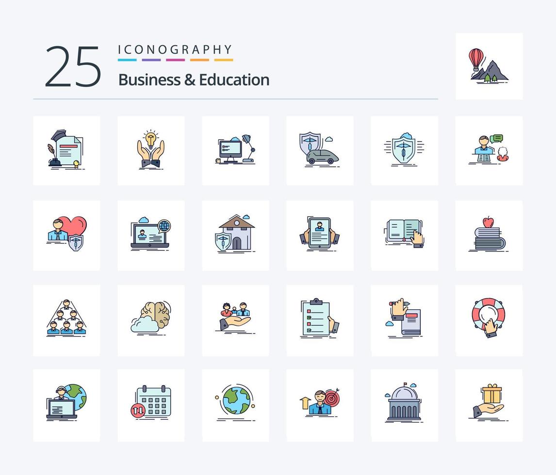 Business And Education 25 Line Filled icon pack including hand. computer. share. lamp. workstation vector