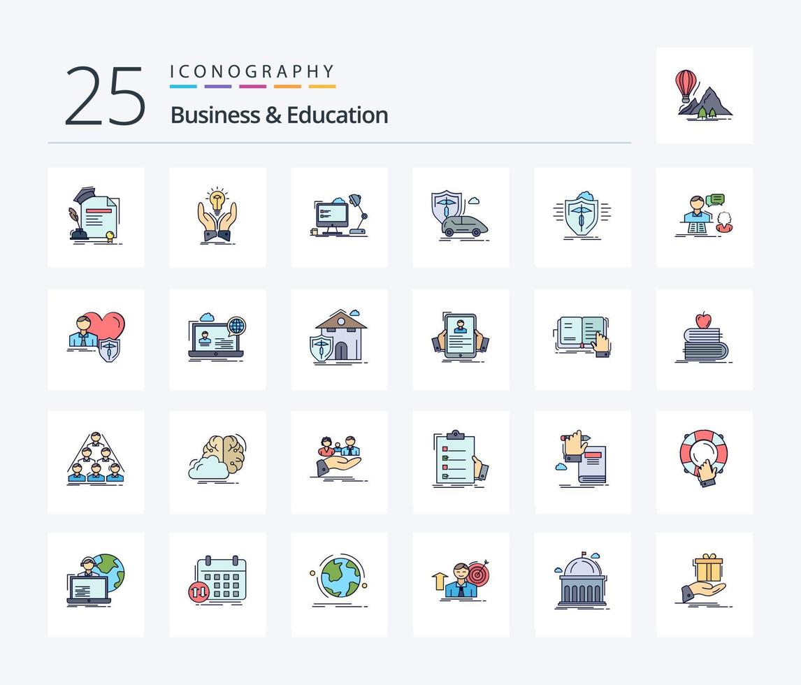 paquete de iconos rellenos de 25 líneas de negocios y educación, incluida la mano. computadora. compartir. lámpara. puesto de trabajo vector