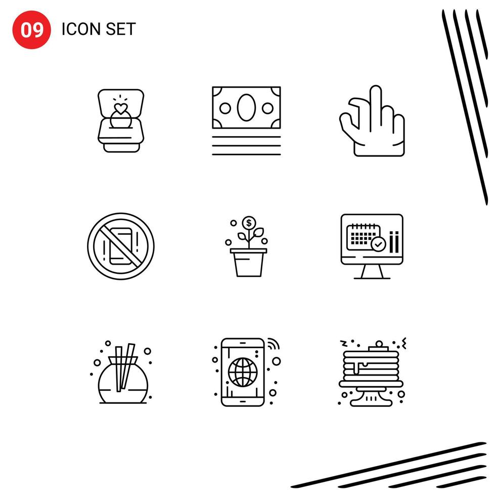 Stock Vector Icon Pack of 9 Line Signs and Symbols for money phone in off distractions Editable Vector Design Elements