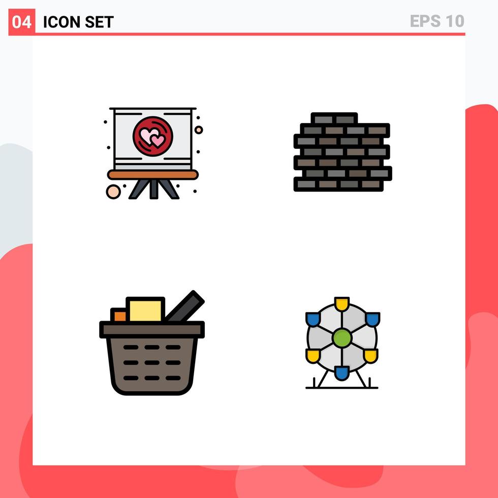 Set of 4 Modern UI Icons Symbols Signs for heart shopping cart romance bricks landmark Editable Vector Design Elements