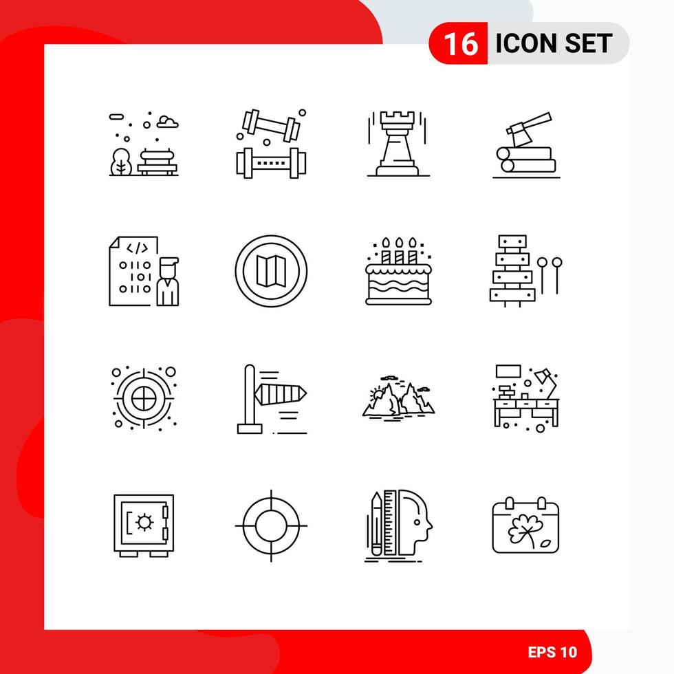 16 Universal Outlines Set for Web and Mobile Applications coding timber castle log fort Editable Vector Design Elements
