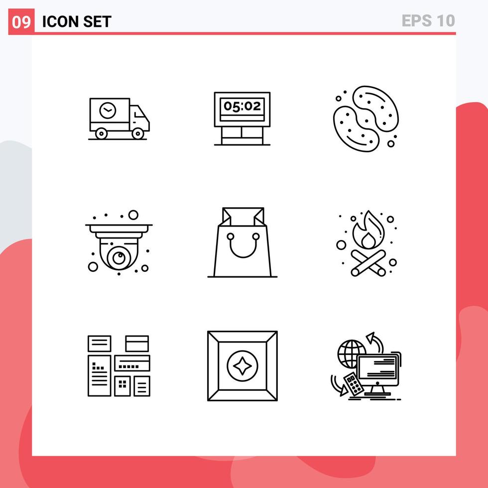 Modern Set of 9 Outlines Pictograph of security camera cctv scoreboard camera sweets Editable Vector Design Elements