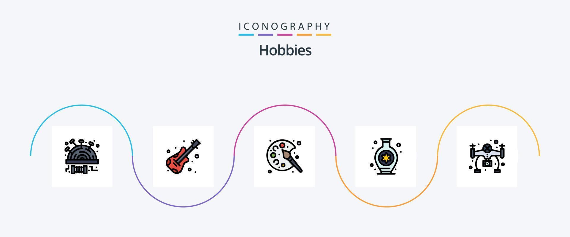 la línea de pasatiempos llenó el paquete de iconos planos 5 que incluye. pasatiempo. pintar. aficiones. aficiones vector