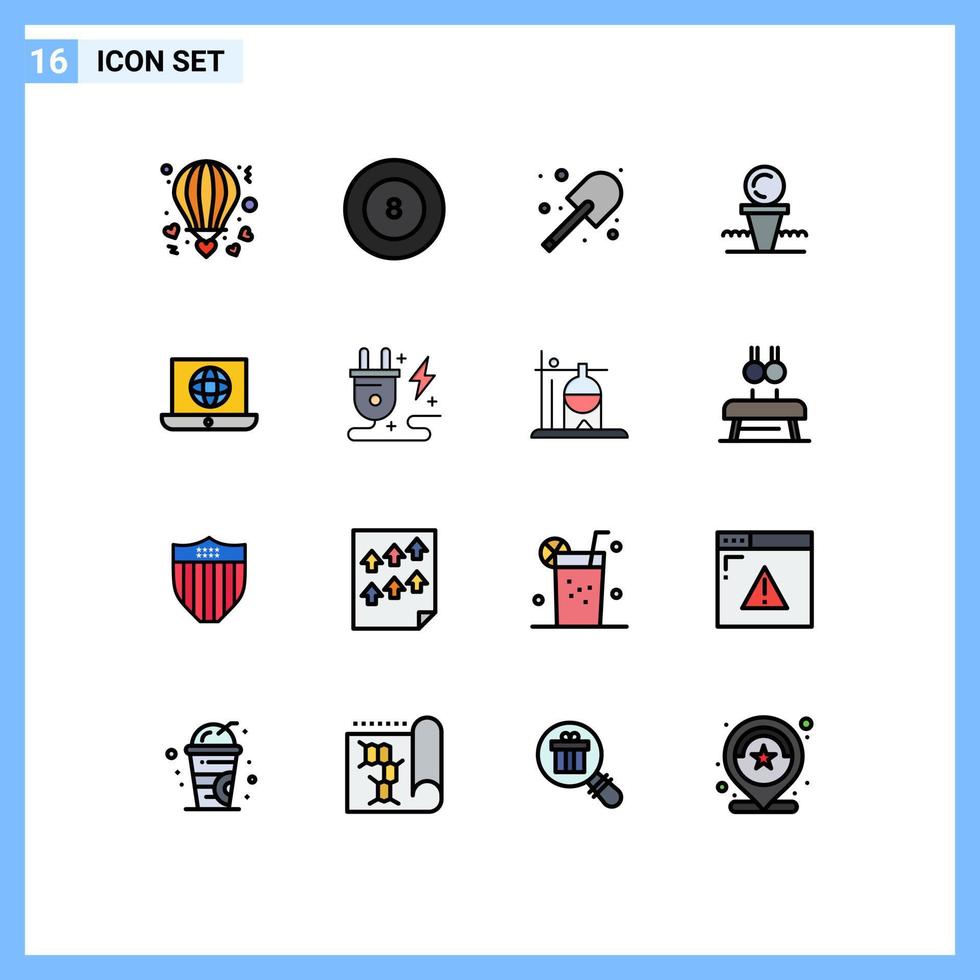 Mobile Interface Flat Color Filled Line Set of 16 Pictograms of laptop hit digging ball golf Editable Creative Vector Design Elements