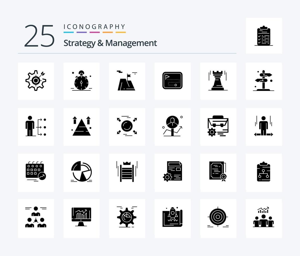 Strategy And Management 25 Solid Glyph icon pack including direction route. map. bell. land. sucess vector